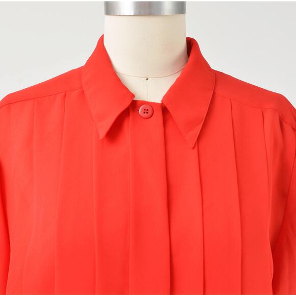 Vintage 80s Red Pleated Blouse Semi Sheer Top Collared Button Down Blouse M - Picture 4 of 8